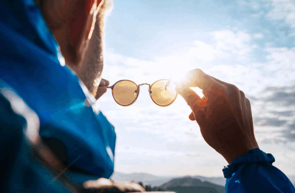 A person holding out a pair of sunglasses in front of their face towards the sun