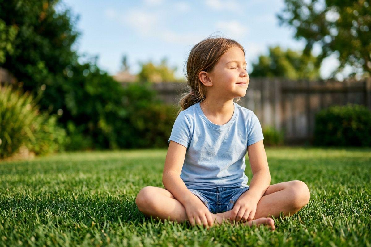 Child sitting cross-legged on green grass in a sunny backyard, eyes closed and calm, wearing a blue t-shirt and denim shorts.