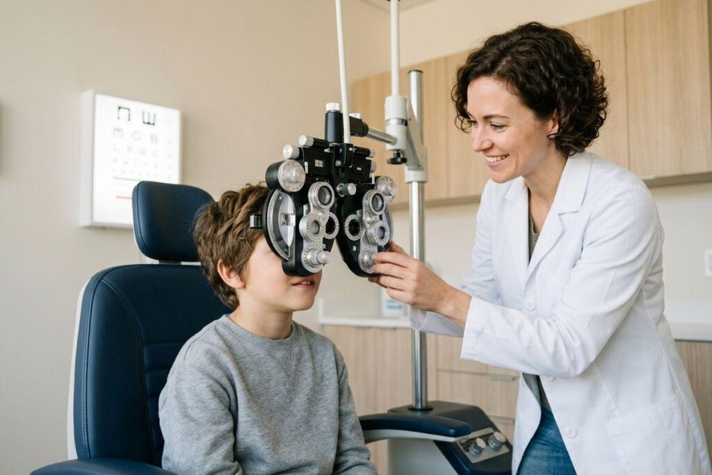 Smiling optometrist adjusting a phoropter over a child's eyes during an eye exam in a clinic.