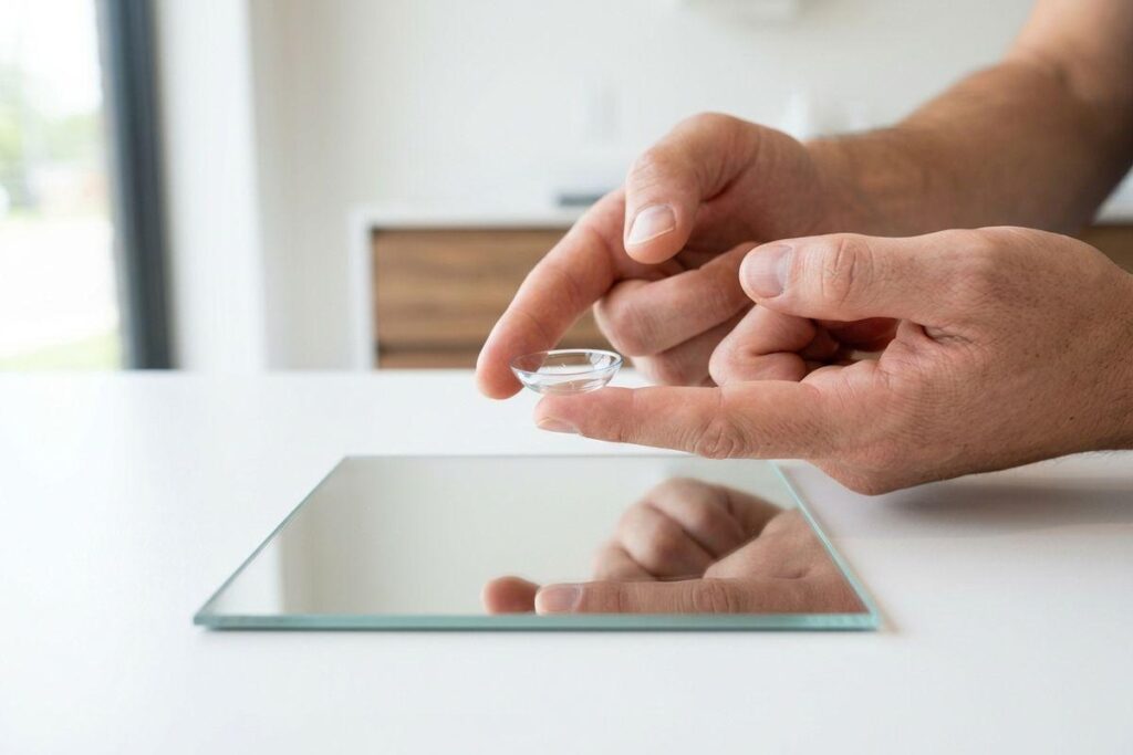 Hands holding a contact lens on a fingertip above a small mirror on a white surface indoors.