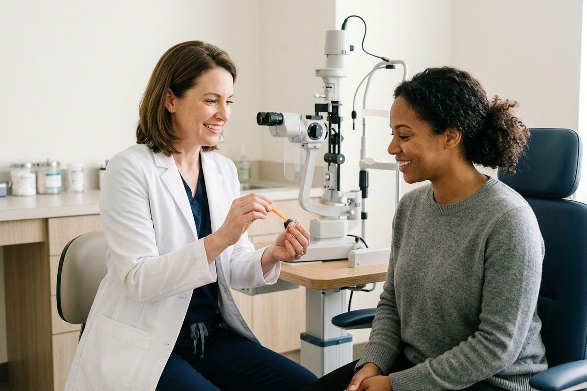 Smiling optometrist holds a small instrument while consulting with a smiling patient seated in an exam chair, slit lamp visible behind them.