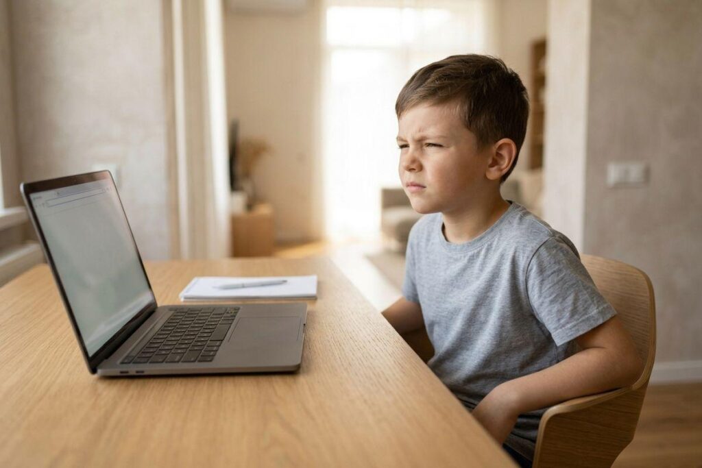 Child sitting at a wooden desk, squinting with a frustrated expression at an open laptop, with a notebook nearby, in a home setting.