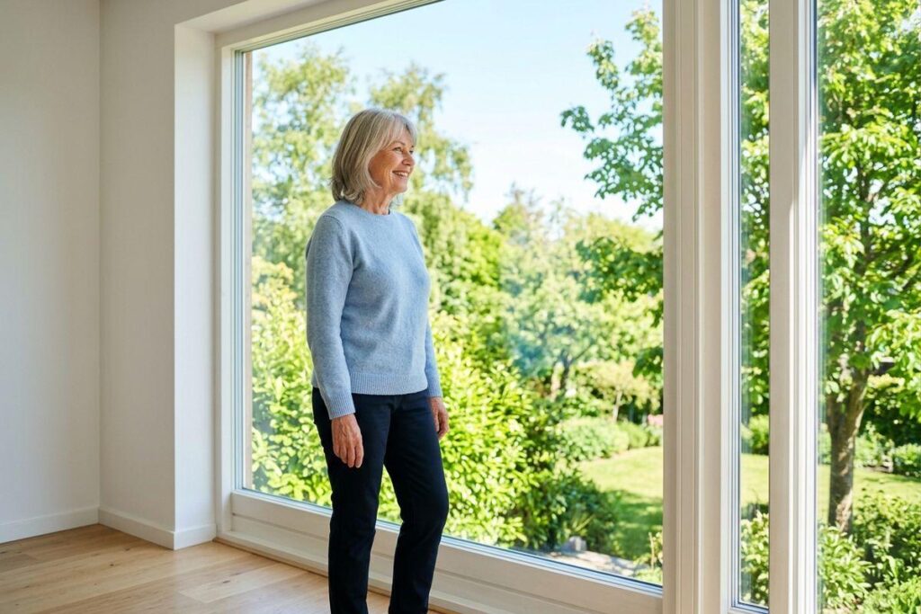 Older adult smiling, standing indoors near a large window overlooking a sunny green garden.