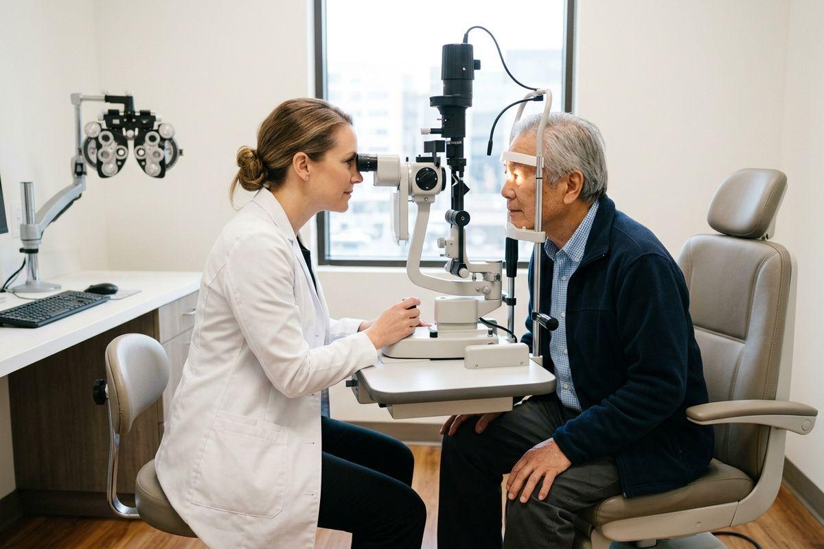 Optometrist using a slit lamp to examine an older adult's eyes in a clinic exam room.